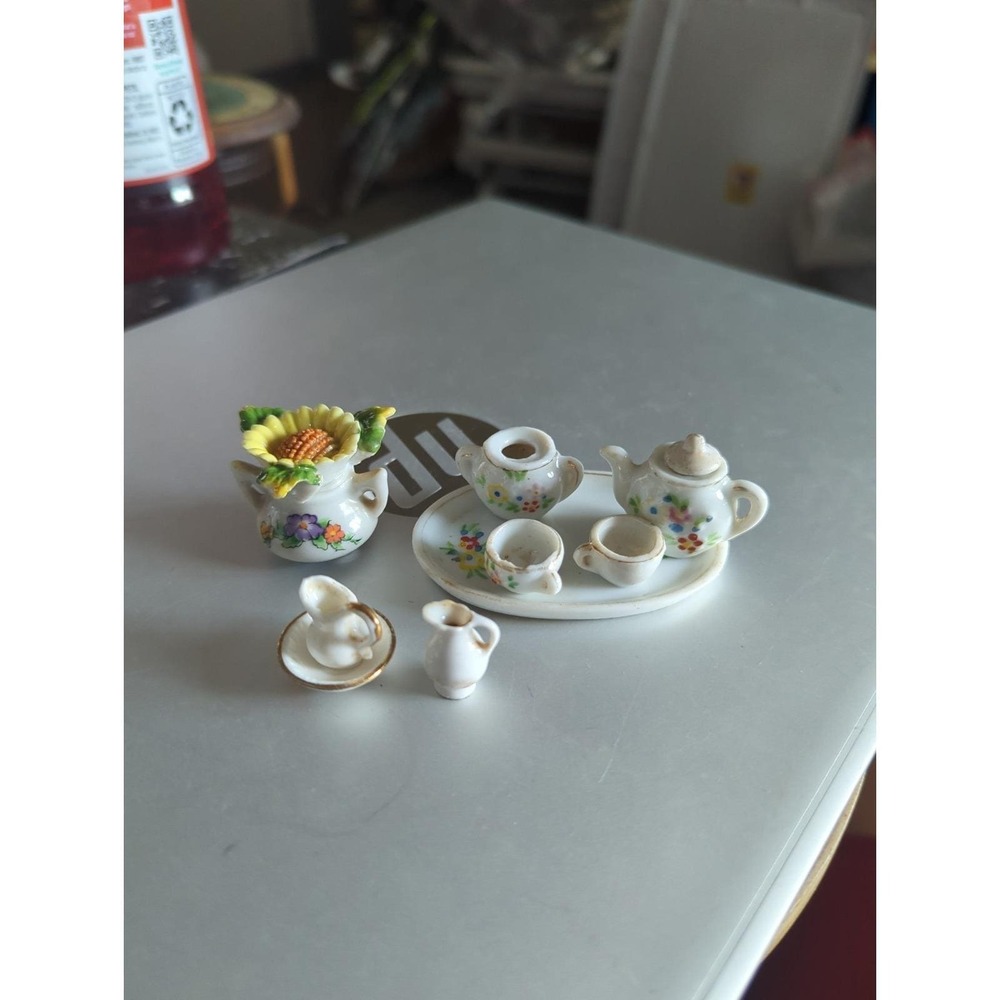 8 Vintage Ceramic Porcelain Miniatures  Teapot Sunflower Dollhouse Shadow Box